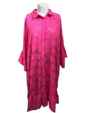 Susan Graver Hot Pink Textured Button-Front Sheer Dress/Swim Cover Up